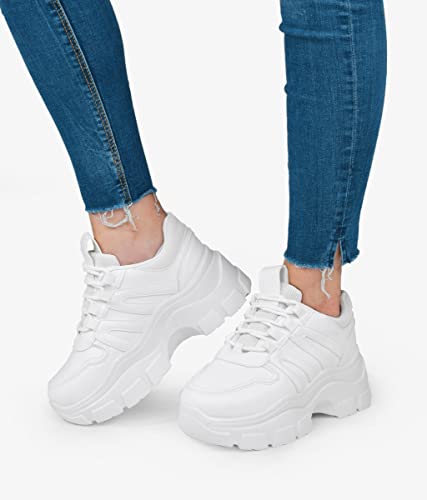 BOSANOVA Zapatillas con Total Look Blanco, Detalle de Trekking en los Cordones y Ligera Suela de Plataforma de 6,5 cm. Cierre con Cordones. Calzado para Mujer Blanco 37
