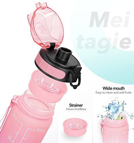 Botella Agua Deportiva - MEITAGIE 1L Botella Agua Prueba de fugas, Botella Deportiva Tritan de Plástico Sin BPA, Botella Motivacional con Filtro y Marcador de Tiempo para Hogar y Exterior