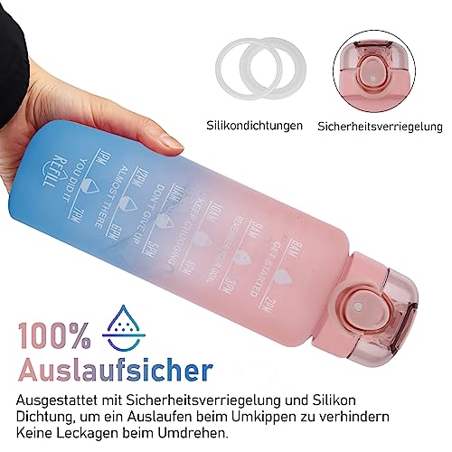Botella de 1L, Botella Deportiva-[Material tritán Sin BPA], 1000ml Botella de Agua Motivacional con Pajita y Sello de Tiempo - Botella a Prueba de Fugas para Ciclismo, Camping, Gimnasio (Rosa/Azul)