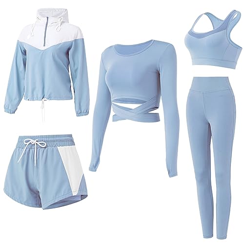 BOTRE Traje de yoga para mujer, ropa de yoga, juego de 5 unidades, ropa deportiva, ropa de correr, ropa deportiva, yoga, ropa de mujer, sujetador y leggings, Azul 03, M