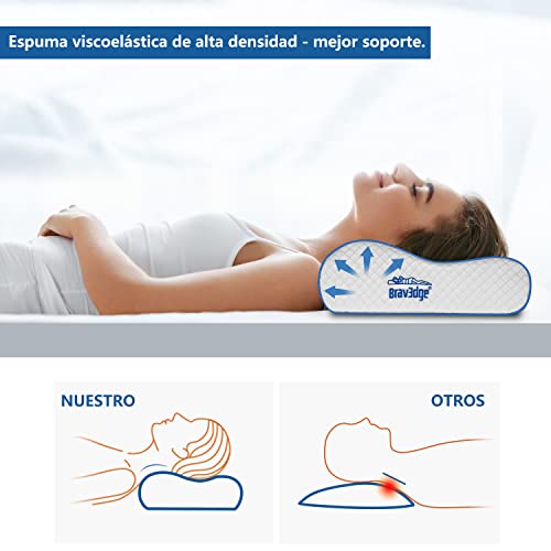 Bravedge Almohada Viscoelastica, Almohada Cervical, Antiácaros, Antialérgica y Transpirable, Almohada Ortopédica para Cama, Ideal para Dolores de Cuello, Forro Antibacteriano Extraíble y Lavable