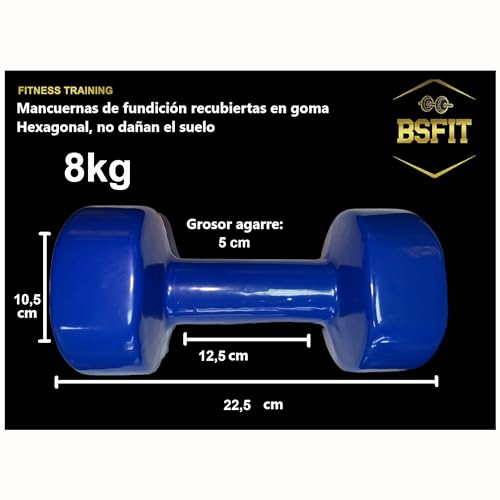 BSFIT® Juego de 2 Mancuernas Antideslizantes de Vinilo, de 8 kg con Diseño Hexagonal Anti-Rodadura, Ergonómicas, Pesas y Mancuernas para Gimnasio en Casa