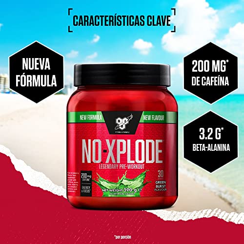 BSN Nutrition N.O.-Xplode Suplemento Alimenticio en Polvo para Preentrenamiento, Apoyo de Energía y Concentración con Cafeína, Aminoácidos, Vitamina C y Zinc, Sabor Explosión Verde, 30 Porciones, 390g