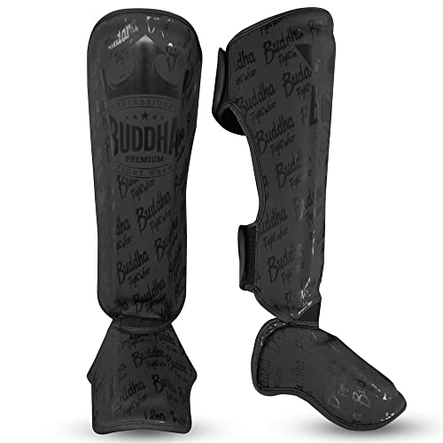 Buddha Fight Wear - Espinilleras Muay Thai, MMA y Kick Boxing Modelo Epic - Fabricadas en Piel Sintética de Última Generación - Costuras más Resistentes y reforzadas. Talla S