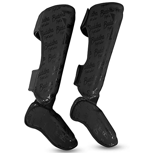 Buddha Fight Wear - Espinilleras Muay Thai, MMA y Kick Boxing Modelo Epic - Fabricadas en Piel Sintética de Última Generación - Costuras más Resistentes y reforzadas. Talla S