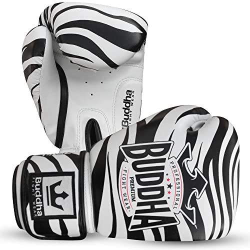 BUDDHA FIGHT WEAR - Guantes de Boxeo Fanstasy Zebra - Muay Thai - Kick Boxing - Piel Sintética Tejido Interior Resistente A Olores - Costura Reforzada - Blanco y Negro - Talla 12 Onz