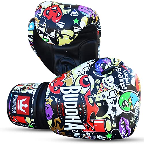 Buddha Fight Wear - Guantes de Boxeo Fantasy Zippy - Muay Thai - Kick Boxing - Piel Sintética Tejido Interior Resistente A Los Olores - Costura Reforzada - Multicolor - Talla 14 Onz