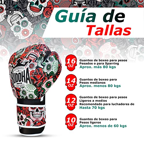 BUDDHA FIGHT WEAR - Guantes de Boxeo Mexican - Muay Thai - Kick Boxing - Piel Sintética Relleno Interior GS-3 - Protección contra Impactos - Color Rojo - Talla 10 Onz