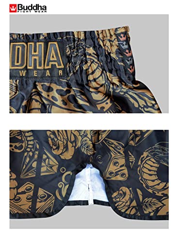 BUDDHA FIGHT WEAR - Pantalón Muay Thai y Kick Boxing Modelo European Night - Tejido Satén Premium - NUEVO Patrón Europeo - Gran adaptación a la morfología de cada luchador - Negro y Dorado - Talla XXL