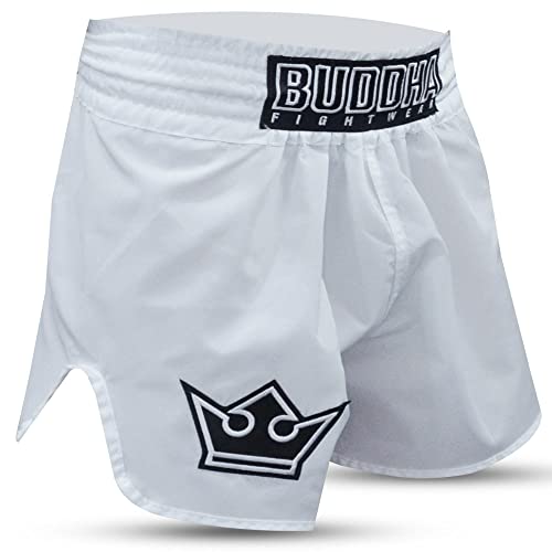 Buddha Fight Wear - Short Tradicional de Muay Thai Old School - Nylon - Secado Rápido - Patrón Europeo estándar - Gran adaptación a la morfología de Cada Luchador - Color Blanco - Talla L