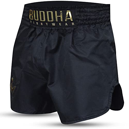 Buddha Fight Wear - Short Tradicional de Muay Thai Old School Rip Stop - Tejido en Nylon - Patrón Europeo estándar - Gran adaptación a la morfología de Cada Luchador - Color Negro - Talla XL