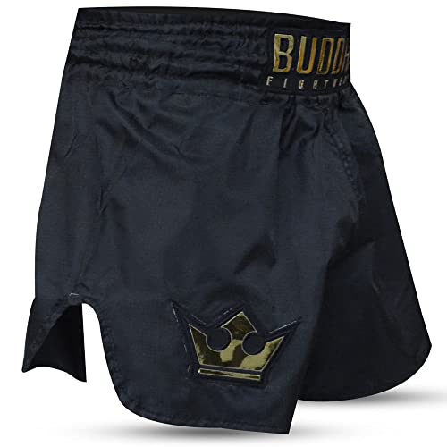 Buddha Fight Wear - Short Tradicional de Muay Thai Old School Rip Stop - Tejido en Nylon - Patrón Europeo estándar - Gran adaptación a la morfología de Cada Luchador - Color Negro - Talla XL