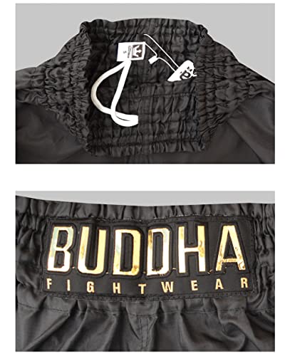 Buddha Fight Wear - Short Tradicional de Muay Thai Old School Rip Stop - Tejido en Nylon - Patrón Europeo estándar - Gran adaptación a la morfología de Cada Luchador - Color Negro - Talla M