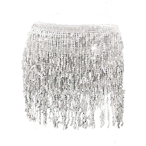 Bufenia Falda de la Cadera de la Danza del Vientre de Las Mujeres Lentejuelas de la Borla Bufanda de la Cadera Envoltura de Tiras Faldas Rave Disfraz de Halloween Club Festival (Plata)