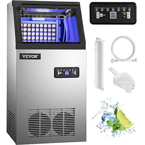 BuoQua Máquina para Hacer Hielo Comercial, 50KG/24 Horas, Máquina de Hielo, de Acero Inoxidable, Máquina para Fabricar Cono de Nieve, Reserva de 5-7 Horas, con Panel de Control LCD y Cuchara de Hielo
