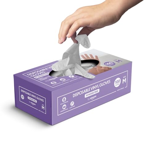 by Amazon - Guantes desechables de vinilo, Talla M, Paquete de 100(Anteriormente Marca Hevea)
