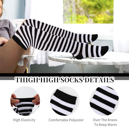Calcetines Altos Mujer y Guantes Sin Dedos Juego, Calcetines Largos Mujer y Niñas Termicos Invierno, Punk Cosplay Calcetines Hasta la Rodilla a Rayas, Negro y Blancas
