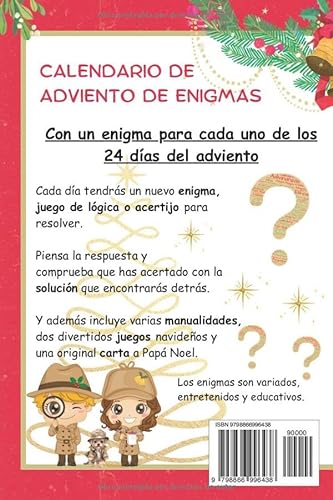 Calendario de Adviento de Enigmas, Acertijos y Retos y Juegos de Lógica. Enigmas para los 24 días. Incluye manualidades y juegos: Un libro para ... retos. Calendario adviento desafíos.