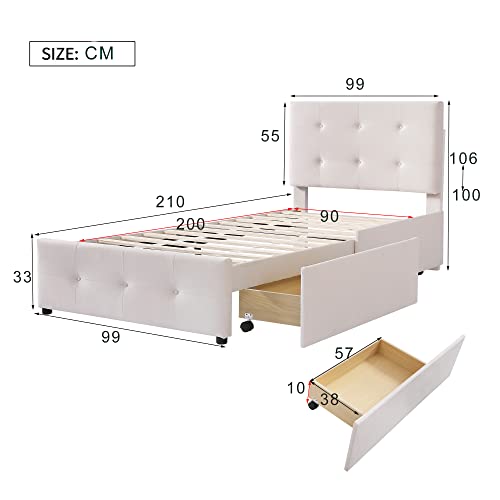 Cama Juvenil + 2 Cajones y Estante, Cama Tapizada de 90 x 200 cm, Cama Individual Infantil, Cama Juvenil, Cama de Invitados (Beige)