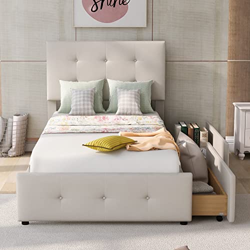 Cama Juvenil + 2 Cajones y Estante, Cama Tapizada de 90 x 200 cm, Cama Individual Infantil, Cama Juvenil, Cama de Invitados (Beige)