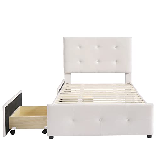 Cama Juvenil + 2 Cajones y Estante, Cama Tapizada de 90 x 200 cm, Cama Individual Infantil, Cama Juvenil, Cama de Invitados (Beige)