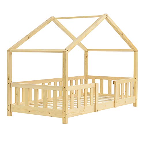 Cama para niños de Madera Pino 70 x 140 cm Cama Infantil con Reja Protectora Casita Forma de casa Pino Natural
