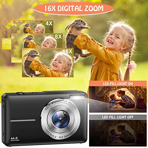 Cámara de Fotos, 1080P 44MP HD Cámara Digital, Cámara Digital Compacta con tarjeta Micro SD de 32 GB, Recargable Camara de Fotos Digital con Zoom 16X Camara Digitales Compacta para Niño, Adulto(Negro)