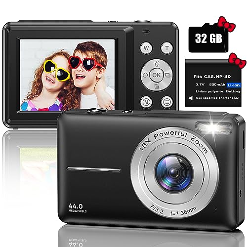 Cámara de Fotos, 1080P 44MP HD Cámara Digital, Cámara Digital Compacta con tarjeta Micro SD de 32 GB, Recargable Camara de Fotos Digital con Zoom 16X Camara Digitales Compacta para Niño, Adulto(Negro)