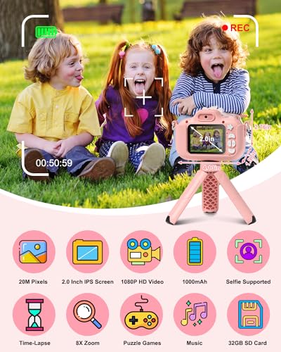 Camara Fotos Infantil, Hangrui 1080P 2.0" HD Cámara de Fotos para Niños con 32GB TF Tarjeta, Cámara Fotos Niños con Trípode, Cámara Digital para Niños Regalos para Niños de 3-12 Años
