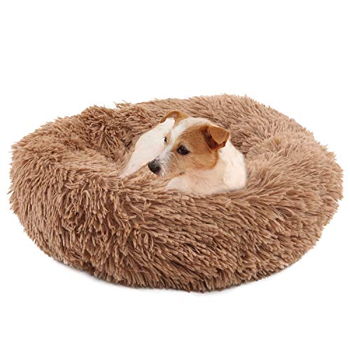Camas perros/cama gato, Redondo cojín Suave de Felpa cama perro, 50 cm Lavable cama antiestres perro, Relajante sofá para perros donut mediano pequeños, Invierno cojín cama para perros (Marrón)