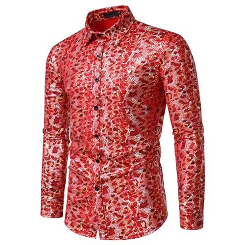 Camisa elegante de hombre Camisa de Manga Larga con Lentejuelas Camisa abotonada de Lujo Fiesta Discoteca Disfraz de Baile de Navidad Camisa de Manga Larga Camisa de los años 70 Disfraz de Fiesta,