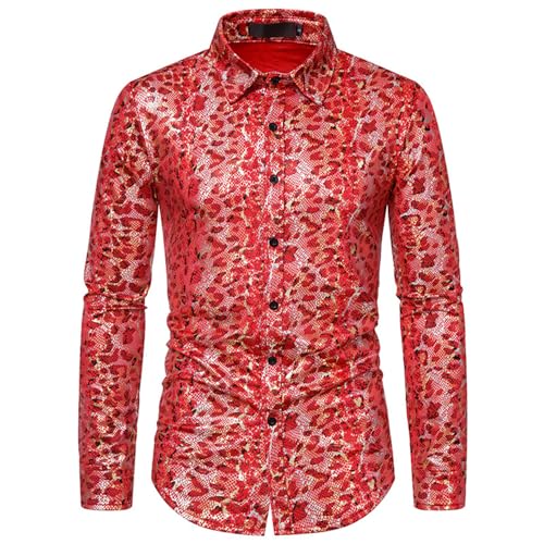 Camisa elegante de hombre Camisa de Manga Larga con Lentejuelas Camisa abotonada de Lujo Fiesta Discoteca Disfraz de Baile de Navidad Camisa de Manga Larga Camisa de los años 70 Disfraz de Fiesta,