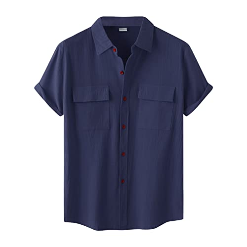 Camisa rusa para hombre, manga corta, doble bolsillo, cuello vuelto, camisa con botones, camisa de algodón para hombre, marine, XXXL