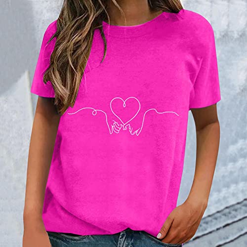 Camiseta de manga corta para San Valentín con cuello redondo suelto y estampado de moda de neón, Rosa intenso., S