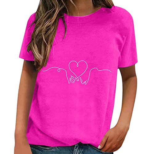 Camiseta de manga corta para San Valentín con cuello redondo suelto y estampado de moda de neón, Rosa intenso., S
