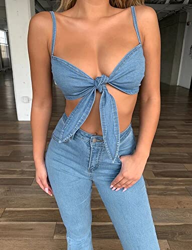 Camiseta de tirantes personalizada para mujer con correa de espagueti azul denim encaje top sexy mujer camiseta de tirantes para hombre, azul claro, M