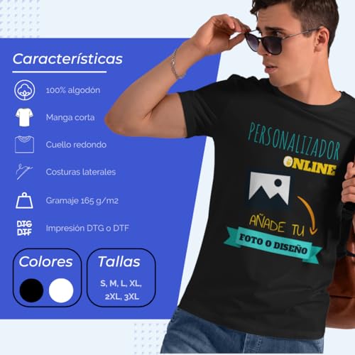 Camiseta Personalizable · con tu Foto y/o Textos · A Todo Color · Unisex · Manga Corta · 100% algodón · Impresión DTG o DTF · Diseña tu Camiseta Personalizada · Hombre y Mujer (M, Negro)