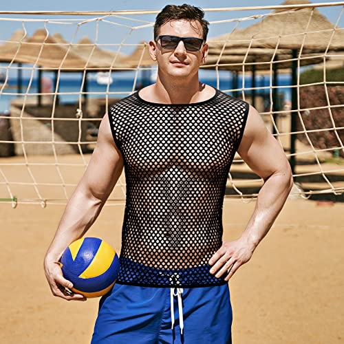 Camiseta sin Mangas de Chaleco de Malla de Hombre Top de Músculo Ajustado de Red Negro Camiseta de Ejercicio Hueca, Talla L
