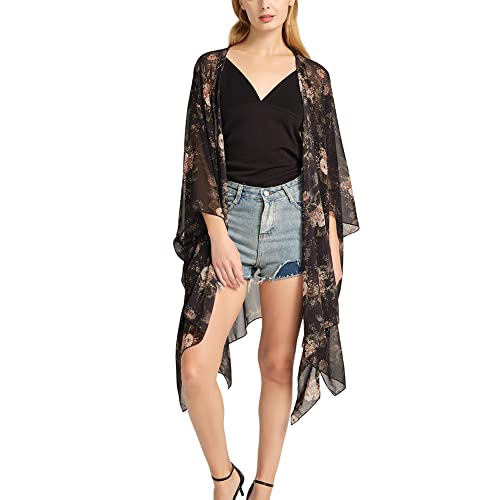 Cárdigan tipo kimono de gasa con estampado floral para mujer, holgado, casual, largo, bohemio, traslúcido, #Hortensia, talla única