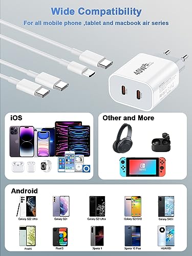 Cargador para iPhone,[Certificado Apple MFi] 2 Puertos 20W USB C Cargador Rápido con Cable PD 3.0 Tipo C Cargador Compatible con iPhone 14/14 Pro/13/13 Pro/12/11/SE/XS Max/XR/XS/X/8/iPad,Galaxy etc.