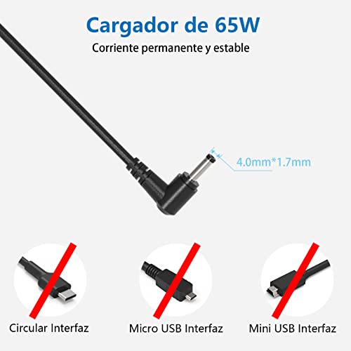 Cargador Portátil Alimentación Adaptador 65W para Lenovo IdeaPad 100S, 110,120,120S, 130,310,320,330,510S, 510,530S, S145 S340, Yoga 310,510,710, Flex 4 5 6 Series, Air 12/13/15