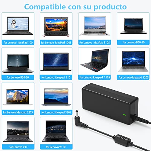 Cargador Portátil Alimentación Adaptador 65W para Lenovo IdeaPad 100S, 110,120,120S, 130,310,320,330,510S, 510,530S, S145 S340, Yoga 310,510,710, Flex 4 5 6 Series, Air 12/13/15
