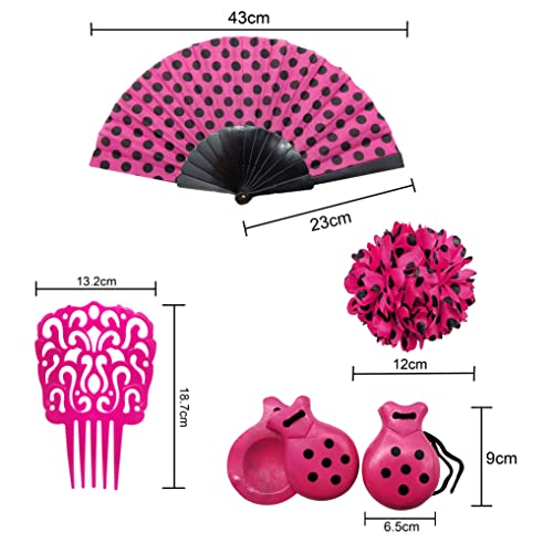 Carnavalife Pack Accesorios Flamenco para Mujer, Mantón con Flores Flamencos Sevillana para Fiesta de Baile, Pinzas de Pelo Tradicional, Abanicos en Diseño Flamenco (Fucsia/Blanco)