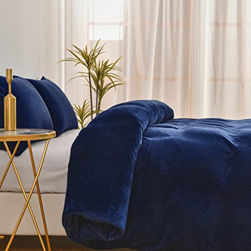 Chanyuan,Ropa de cama de felpa cálida de 155x220 cm, color azul oscuro y mullida con tacto de cachemira, forro polar coral, juego de ropa de cama de invierno con funda de almohada de 80x80 cm