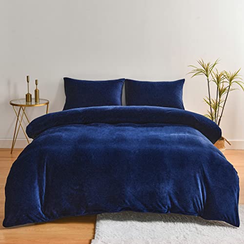 Chanyuan,Ropa de cama de felpa cálida de 155x220 cm, color azul oscuro y mullida con tacto de cachemira, forro polar coral, juego de ropa de cama de invierno con funda de almohada de 80x80 cm