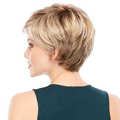 Charming Peluca de pelo rubio corto, peluca de fibra dorada con degradado, pelo corto y ondulado natural para mujeres (28 cm, marrón rojizo)