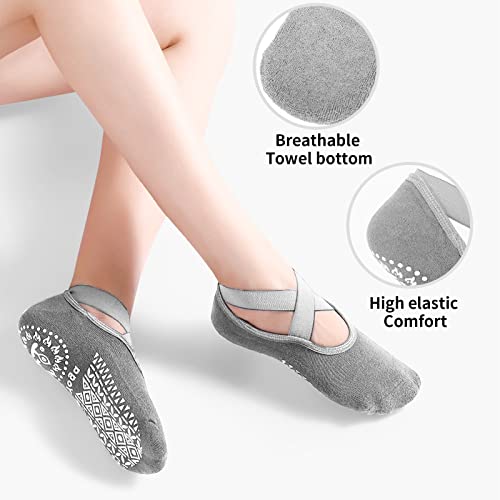 CHENEVER Calcetines de Yoga para Mujer, Calcetines de Yoga Antideslizantes con Empuñaduras y Correas, Ideales para Pilates, Barra, Ballet, Baile (Negro y Gris, con Bolsa)