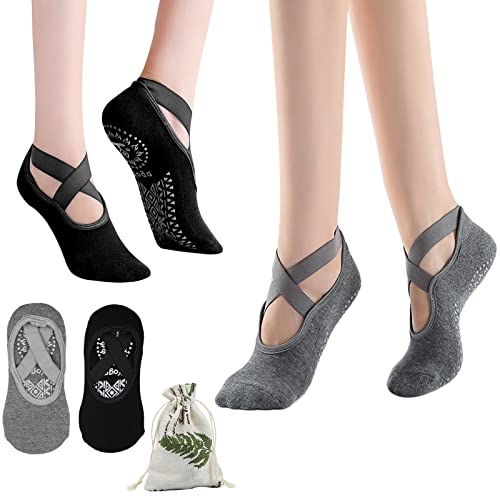CHENEVER Calcetines de Yoga para Mujer, Calcetines de Yoga Antideslizantes con Empuñaduras y Correas, Ideales para Pilates, Barra, Ballet, Baile (Negro y Gris, con Bolsa)