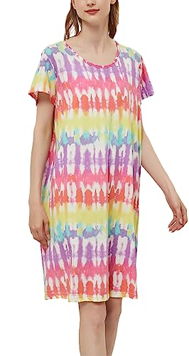 CHUNG Camisón de manga corta por encima de la rodilla de algodón suave para mujer, suelto, lindo estampado floral, ropa de dormir de verano, Arco Iris, 28-30