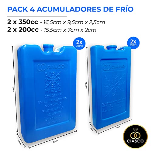Cia&Co 4 x Acumuladores de Frio/Bloques de Hielo para Neveras Portatiles y Mantenimiento o Aplicación de Frio. Pack de 2 XL 350cc + 2 L 200cc. Gran Duración